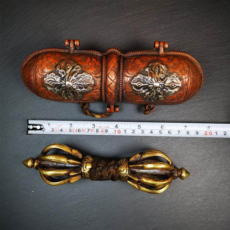 9 Pronged Vintage Vajra Dorje with Case - Tibetan Buddhist vajra, size reference