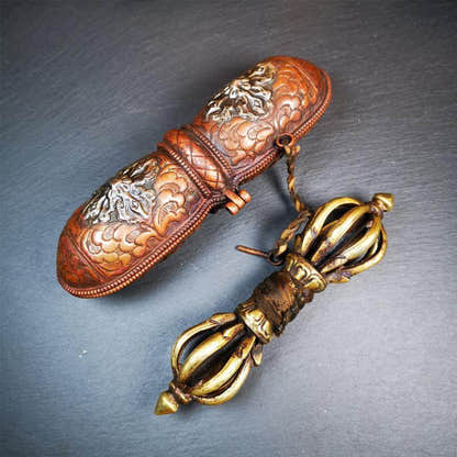 9 Pronged Vintage Vajra Dorje with Case - Tibetan Buddhist vajra, detailed view