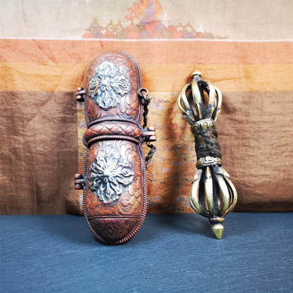 9 Pronged Vintage Vajra Dorje with Case - Tibetan Buddhist vajra, close-up detail