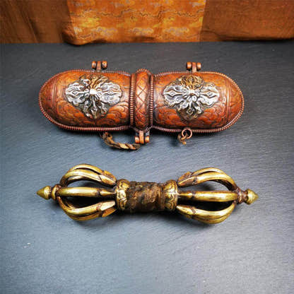 9 Pronged Vintage Vajra Dorje with Case - Tibetan Buddhist vajra, front view