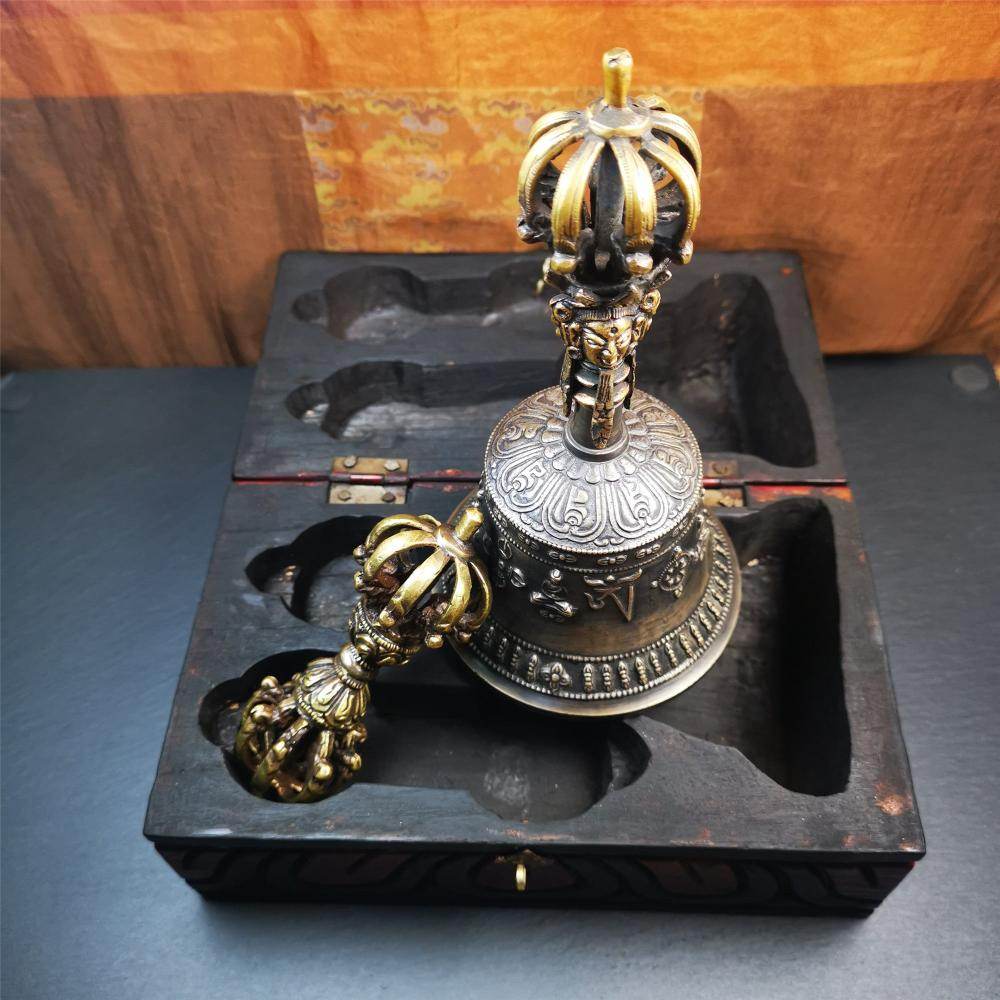 Vintage Vajra and Bell Set - Tibetan Buddhist vajra, detailed view