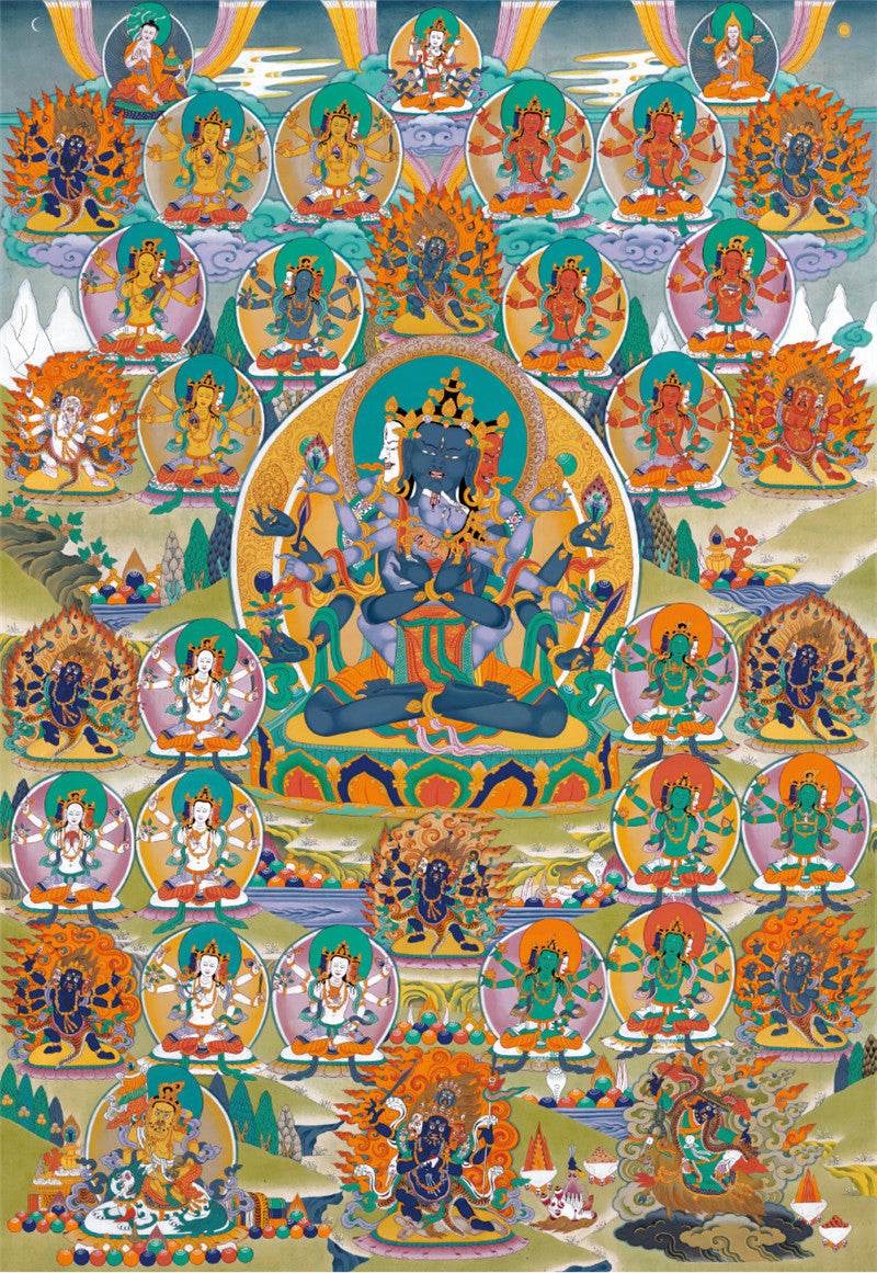 Guhyasamaja in Yab Yum - Tibetan thangka painting, front view