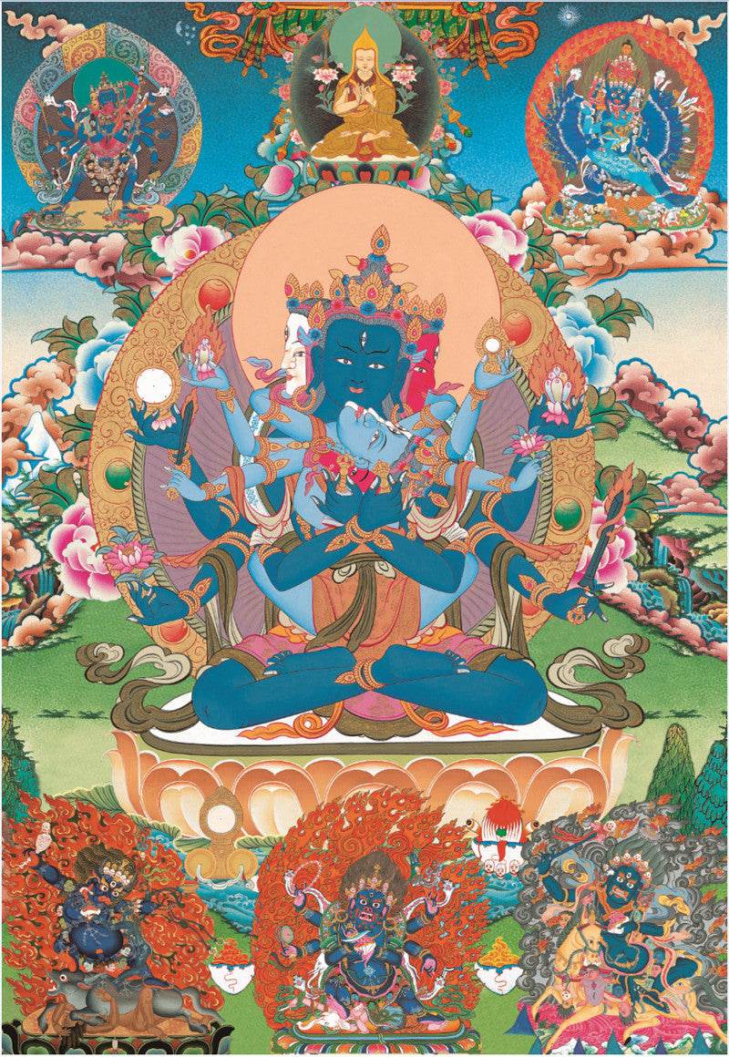 Guhyasamaja in Yab Yum - Tibetan thangka painting, front view
