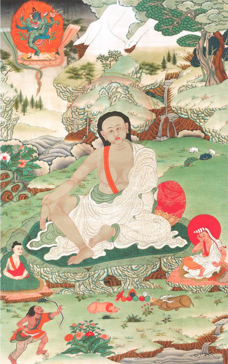 Jetsun Milarepa - Tibetan thangka painting, front view