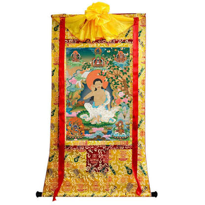 Jetsun Milarepa - Tibetan thangka painting, close-up detail