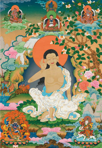 Jetsun Milarepa - Tibetan thangka painting, front view