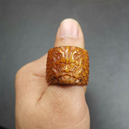 Bone Thumb Ring for Men 0.87" - Tibetan Buddhist art, front view