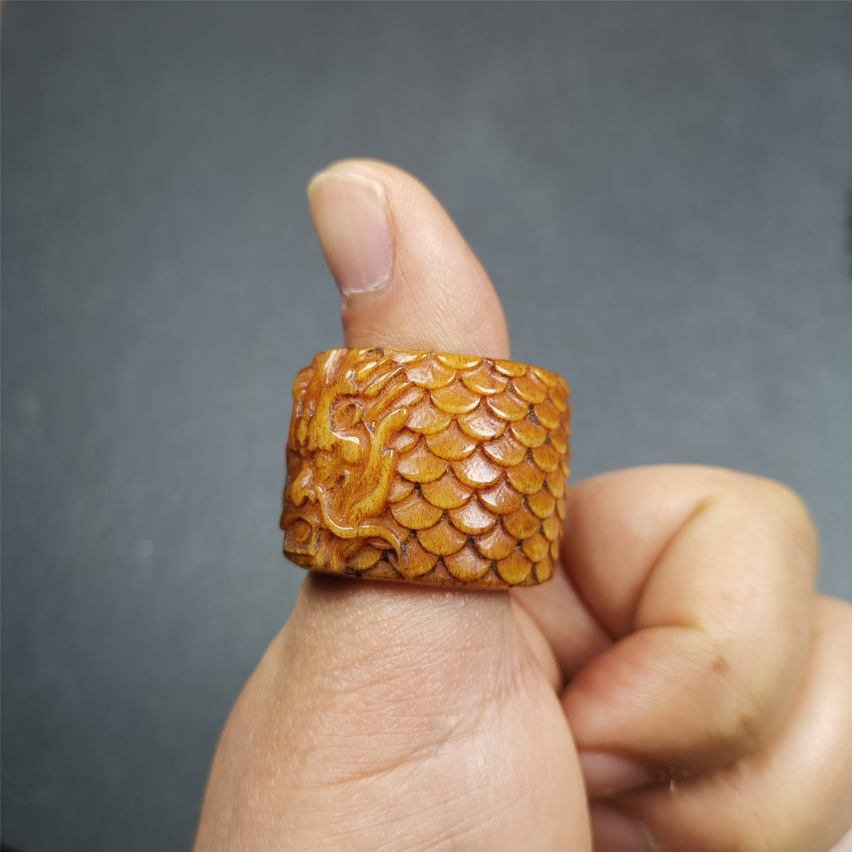 Bone Thumb Ring for Men 0.87" - Tibetan Buddhist art, detailed view