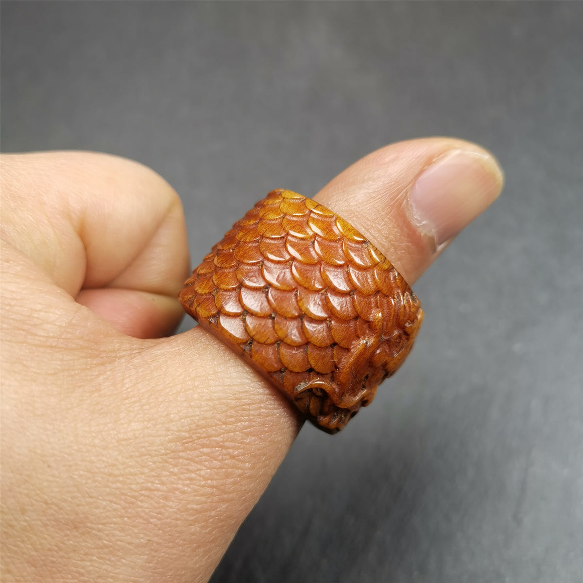 Bone Thumb Ring for Men 0.87" - Tibetan Buddhist art, close-up detail