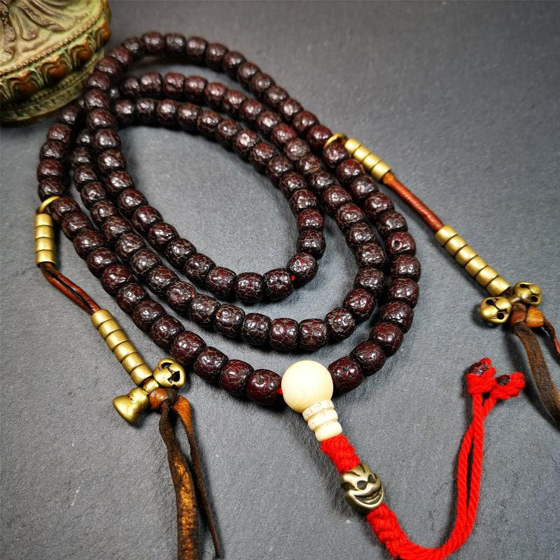 Old Lotus Seed Mala,0.32" - Tibetan Buddhist mala beads, detailed view