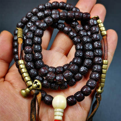 Old Lotus Seed Mala,0.32" - Tibetan Buddhist mala beads, close-up detail