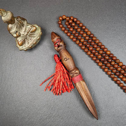 Wooden Phurba - 6.7" - Tibetan Buddhist art, close-up detail