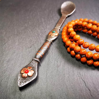 Large Size Offering Spoon 7.1" - Tibetan Buddhist art, close-up detail