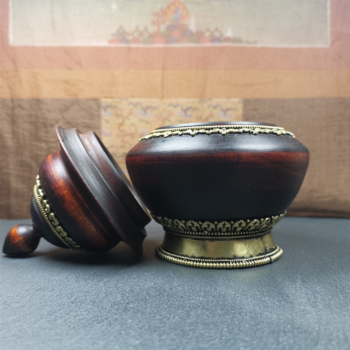 Wood Offering Bowl 6.3" - Tibetan Buddhist art, view 8