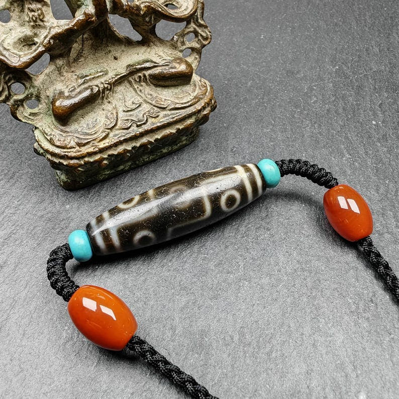 9 Eyes Dzi Bead Necklace,1.5" - Tibetan Buddhist bead necklace, view 6
