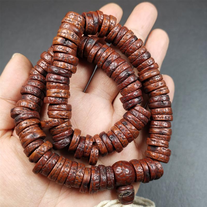 Old Bodhi Seed Mala 0.55" - Tibetan Buddhist mala beads, close-up detail
