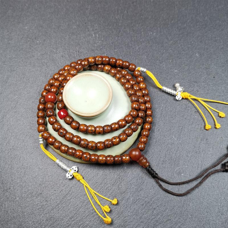 Old Lotus Seed Mala 0.24" - Tibetan Buddhist mala beads, close-up detail