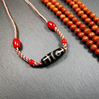 2 Eyed Dzi Bead Necklace - Tibetan Buddhist bead necklace, close-up detail