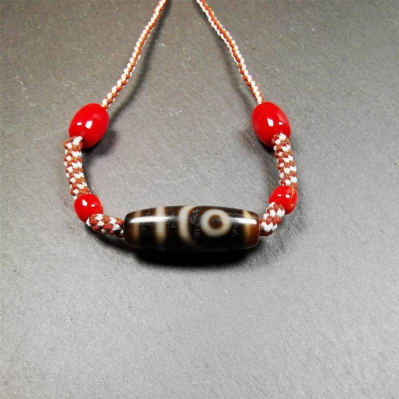 2 Eyed Dzi Bead Necklace - Tibetan Buddhist bead necklace, view 4
