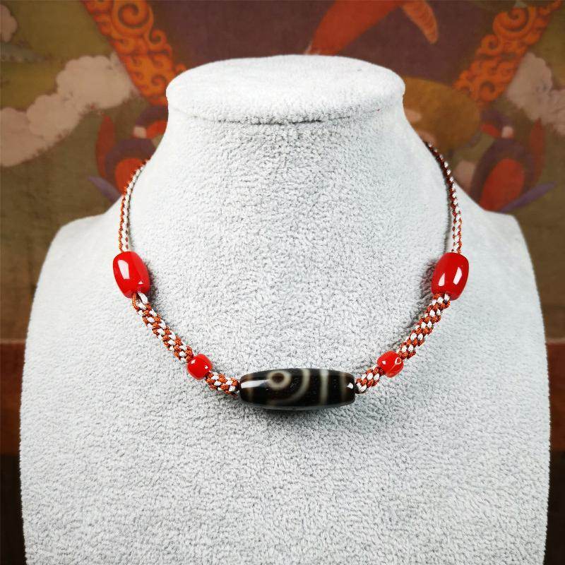 2 Eyed Dzi Bead Necklace - Tibetan Buddhist bead necklace, view 7