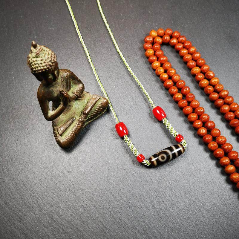 2 Eyed Dzi Bead Necklace - Tibetan Buddhist bead necklace, detailed view