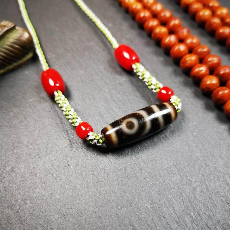 2 Eyed Dzi Bead Necklace - Tibetan Buddhist bead necklace, close-up detail