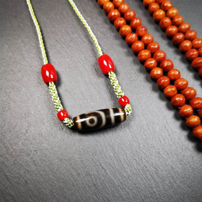 2 Eyed Dzi Bead Necklace - Tibetan Buddhist bead necklace, view 5