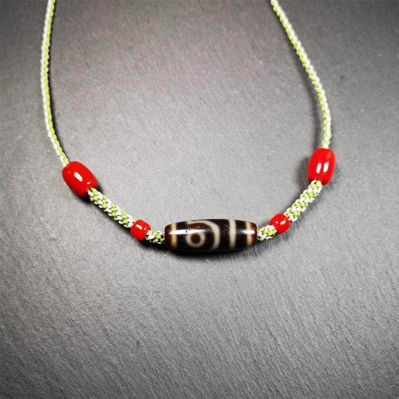 2 Eyed Dzi Bead Necklace - Tibetan Buddhist bead necklace, front view