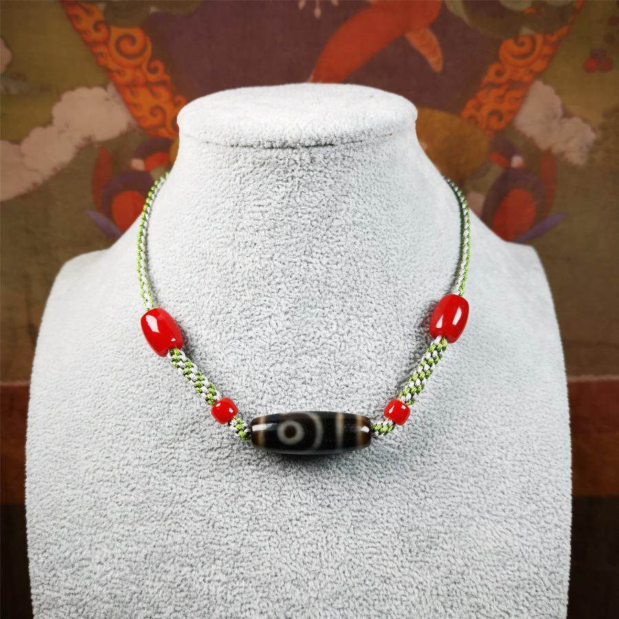 2 Eyed Dzi Bead Necklace - Tibetan Buddhist bead necklace, view 4