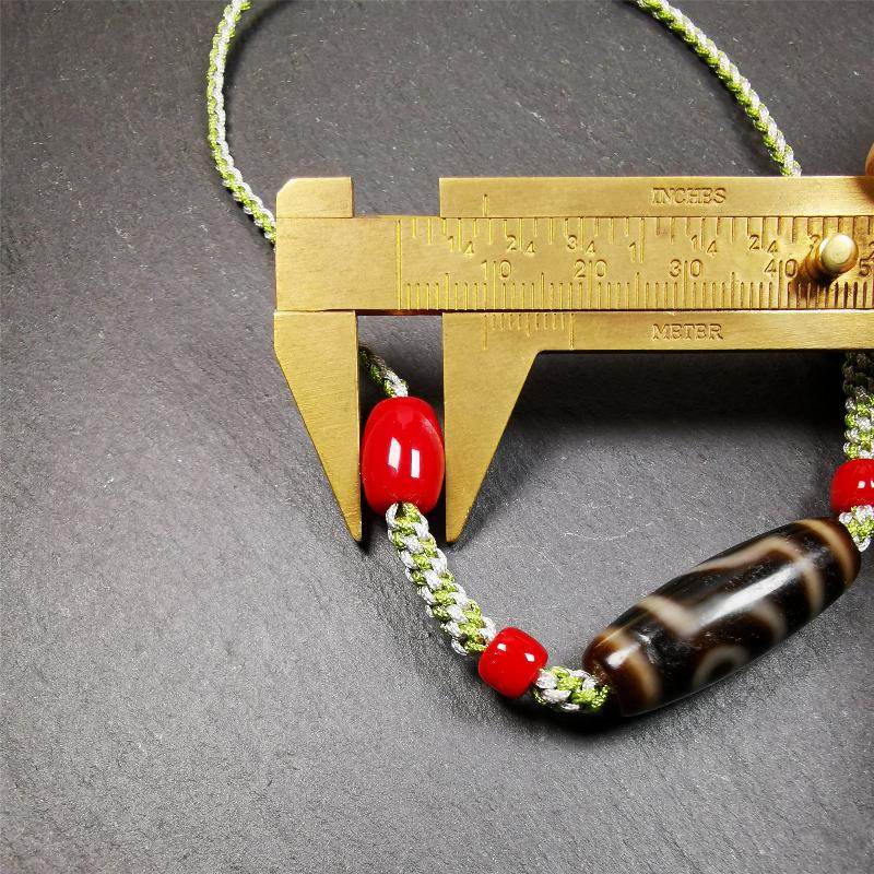 2 Eyed Dzi Bead Necklace - Tibetan Buddhist bead necklace, size reference