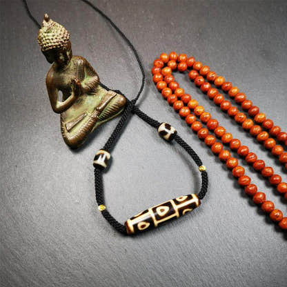 9 Eyed Bodhi Dzi Bead Necklace - Tibetan Buddhist bead necklace, front view