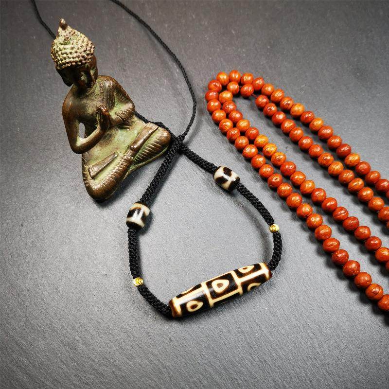 9 Eyed Bodhi Dzi Bead Necklace - Tibetan Buddhist bead necklace, front view