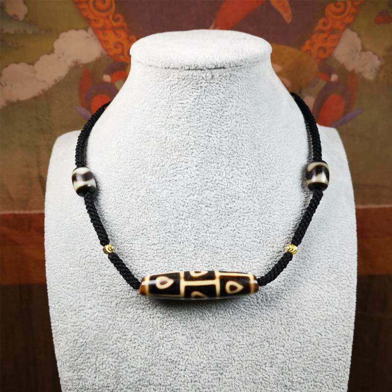 9 Eyed Bodhi Dzi Bead Necklace - Tibetan Buddhist bead necklace, close-up detail