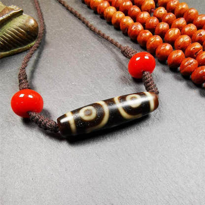 3 Eyed Dzi Bead Necklace - Tibetan Buddhist bead necklace, detailed view