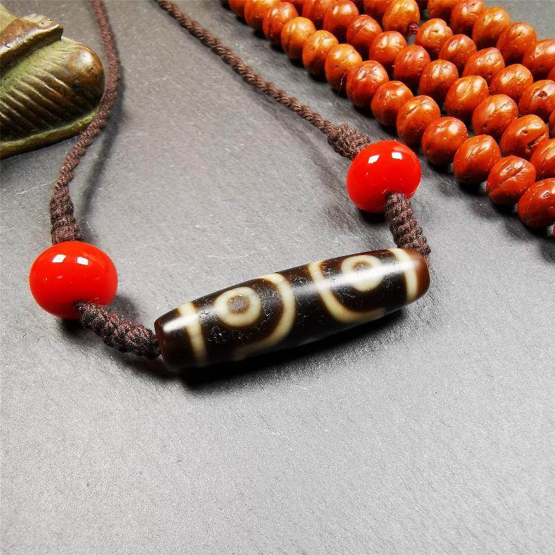 3 Eyed Dzi Bead Necklace - Tibetan Buddhist bead necklace, detailed view