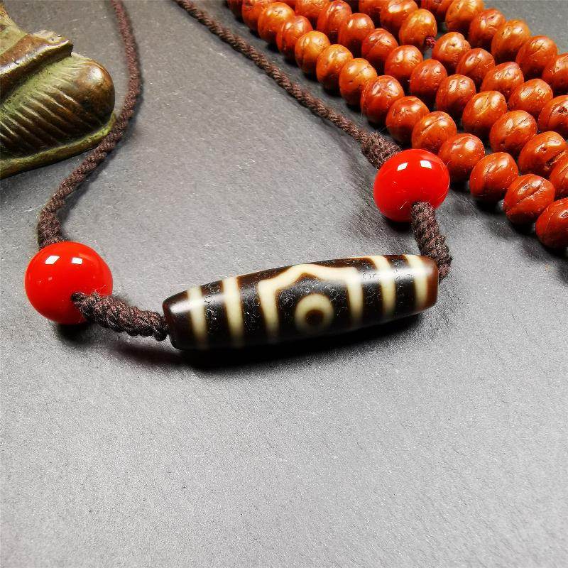 3 Eyed Dzi Bead Necklace - Tibetan Buddhist bead necklace, view 4