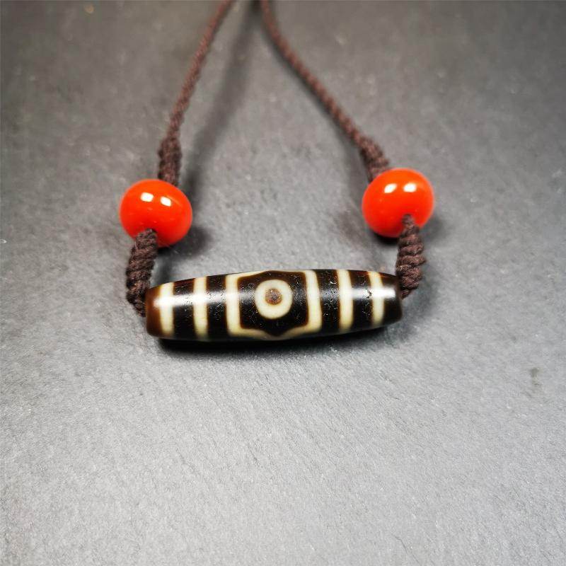 3 Eyed Dzi Bead Necklace - Tibetan Buddhist bead necklace, front view
