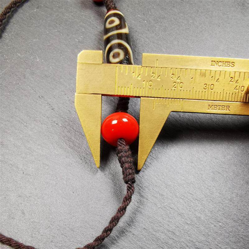 3 Eyed Dzi Bead Necklace - Tibetan Buddhist bead necklace, size reference