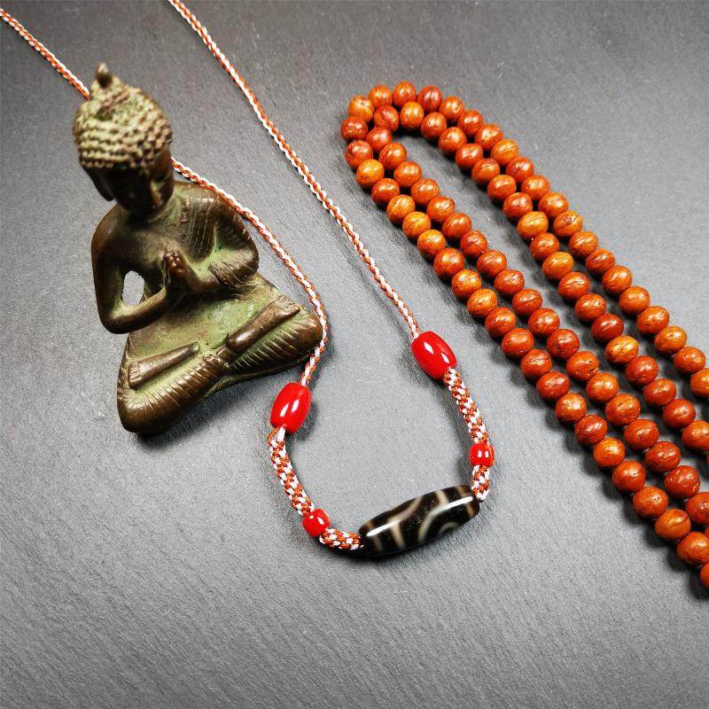 2 Eyed Dzi Bead Necklace - Tibetan Buddhist bead necklace, front view