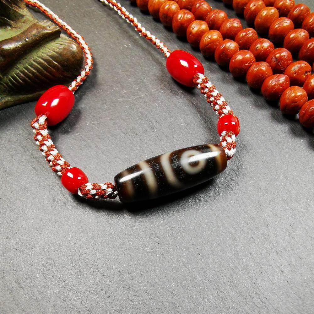 2 Eyed Dzi Bead Necklace - Tibetan Buddhist bead necklace, detailed view