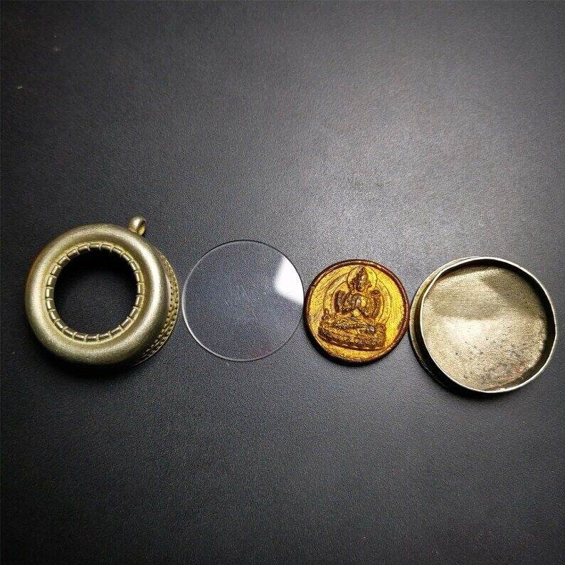 Gandhanra Antique Gau Ghau Shrine, with Old Chenrezig Tsa Statue,Round Tibetan B - Tibetan Buddhist amulet, view 9