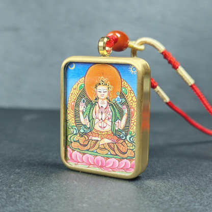 Hand-Painted Chenrezig Locket Thangka - Tibetan Gau Box Amulet - Tibetan thangka painting, front view