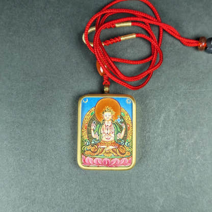 Hand-Painted Chenrezig Locket Thangka - Tibetan Gau Box Amulet - Tibetan thangka painting, detailed view