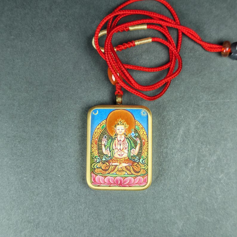 Hand-Painted Chenrezig Locket Thangka - Tibetan Gau Box Amulet - Tibetan thangka painting, detailed view