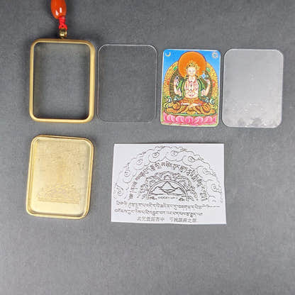 Hand-Painted Chenrezig Locket Thangka - Tibetan Gau Box Amulet - Tibetan thangka painting, close-up detail