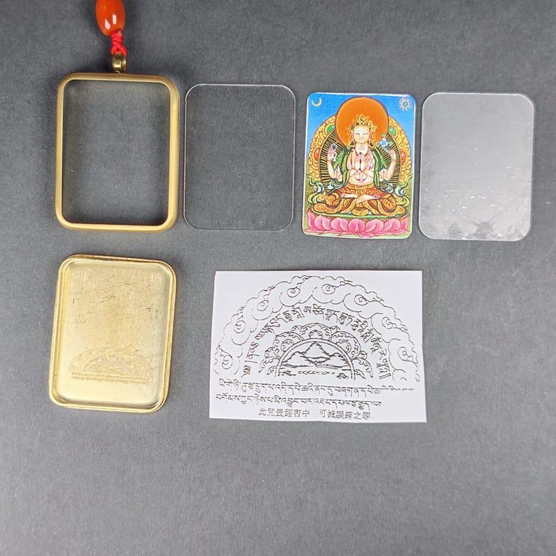 Hand-Painted Chenrezig Locket Thangka - Tibetan Gau Box Amulet - Tibetan thangka painting, close-up detail