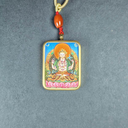 Hand-Painted Chenrezig Locket Thangka - Tibetan Gau Box Amulet - Tibetan thangka painting, view 5