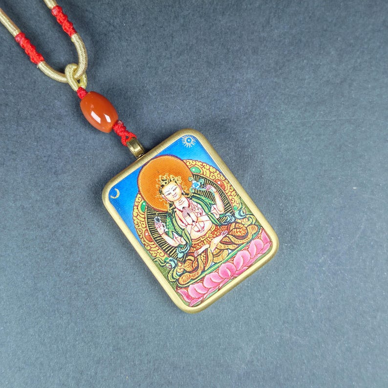 Hand-Painted Chenrezig Locket Thangka - Tibetan Gau Box Amulet - Tibetan thangka painting, view 7