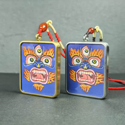 Hand-Painted Mahakala Locket Thangka - Tibetan Gau Box Amulet - Tibetan thangka painting, front view