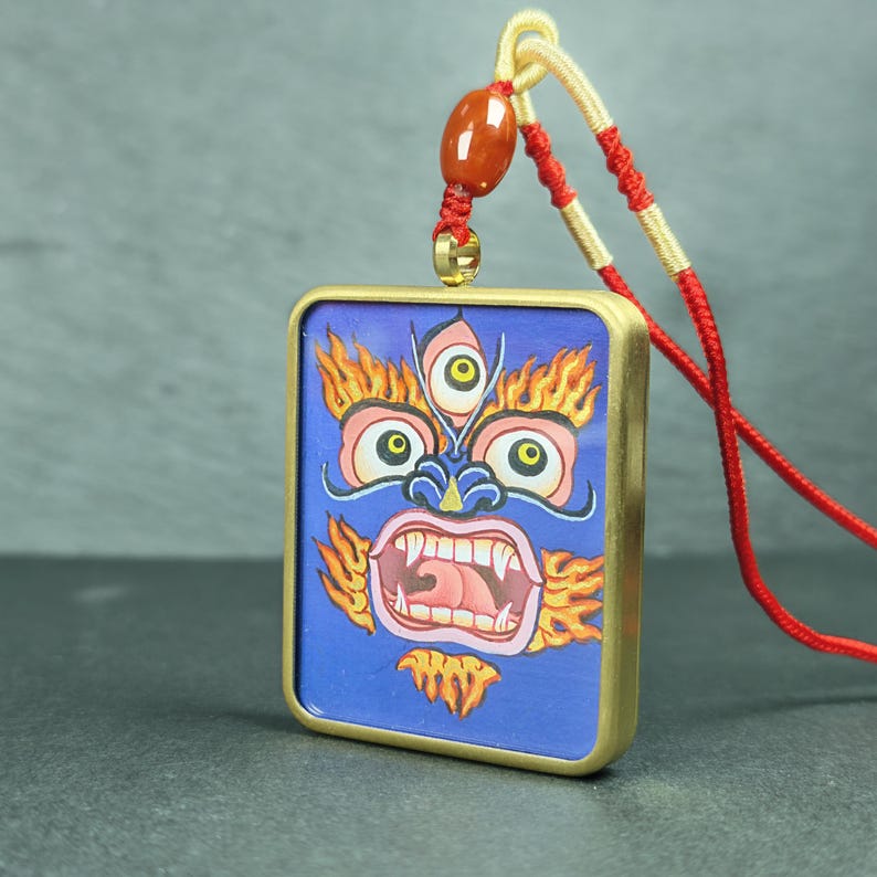 Hand-Painted Mahakala Locket Thangka - Tibetan Gau Box Amulet - Tibetan thangka painting, detailed view